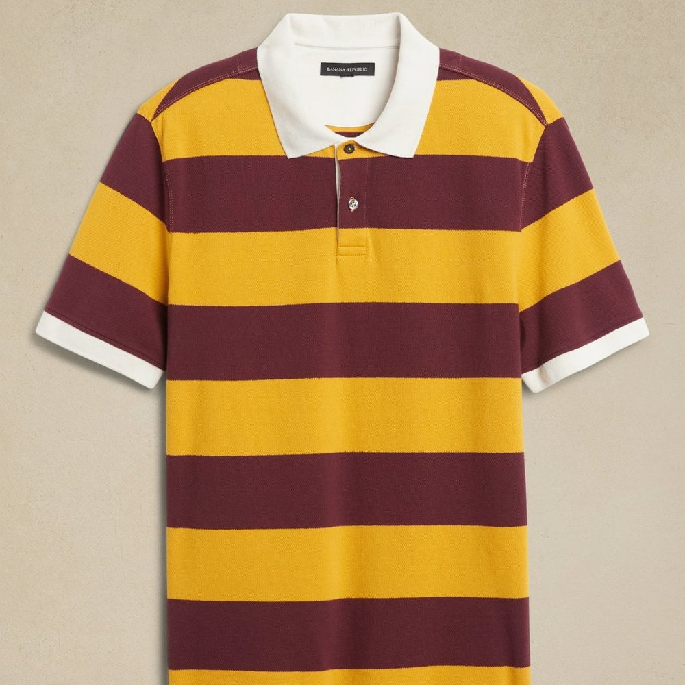 Banana Republic Bold Stripe Yellow Gingko Leaf Organic Cotton Pique Polo